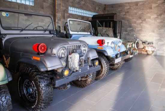 Jeep Wrangler in a garage